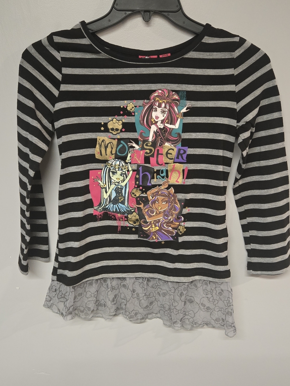 Monster High Long Sleeve T-shirt Girls M 7/8 Top Gray Black Stripe Chiffon Trim